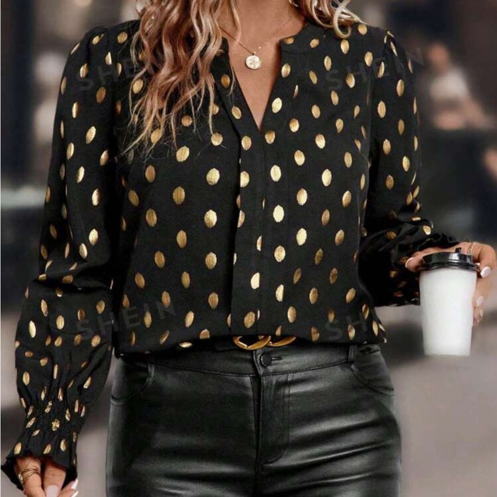 Gold dot notched collar blouse